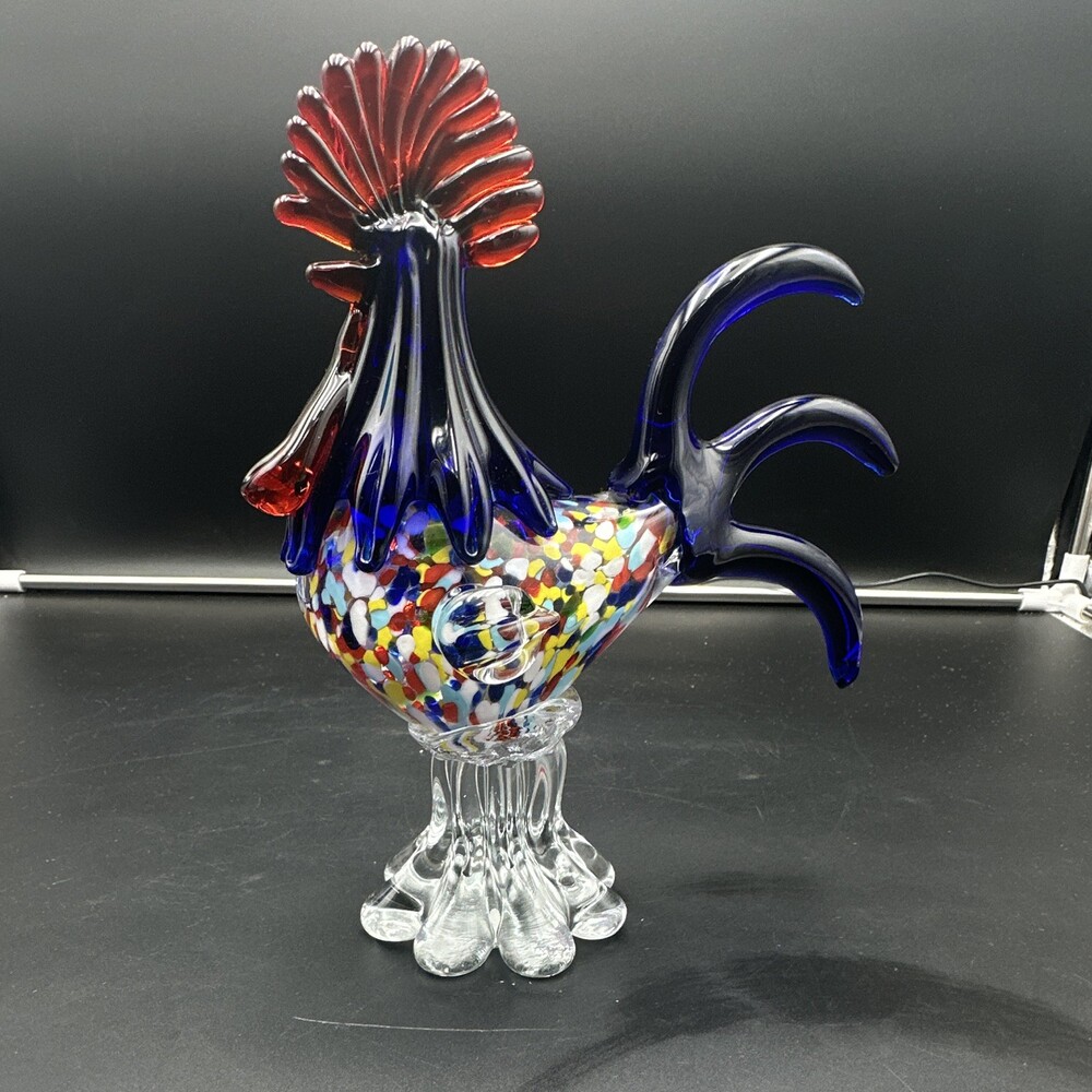 Hand-Blown Glass Multicolor Rooster Figurine Murano Inspired EUC
